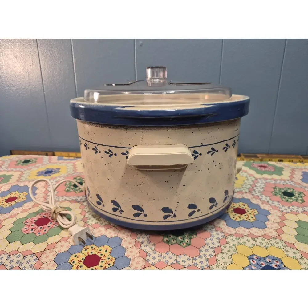 Vintage Rival Crock Pot / Slow Cooker 5 Qt Blue Leaves Pattern Works